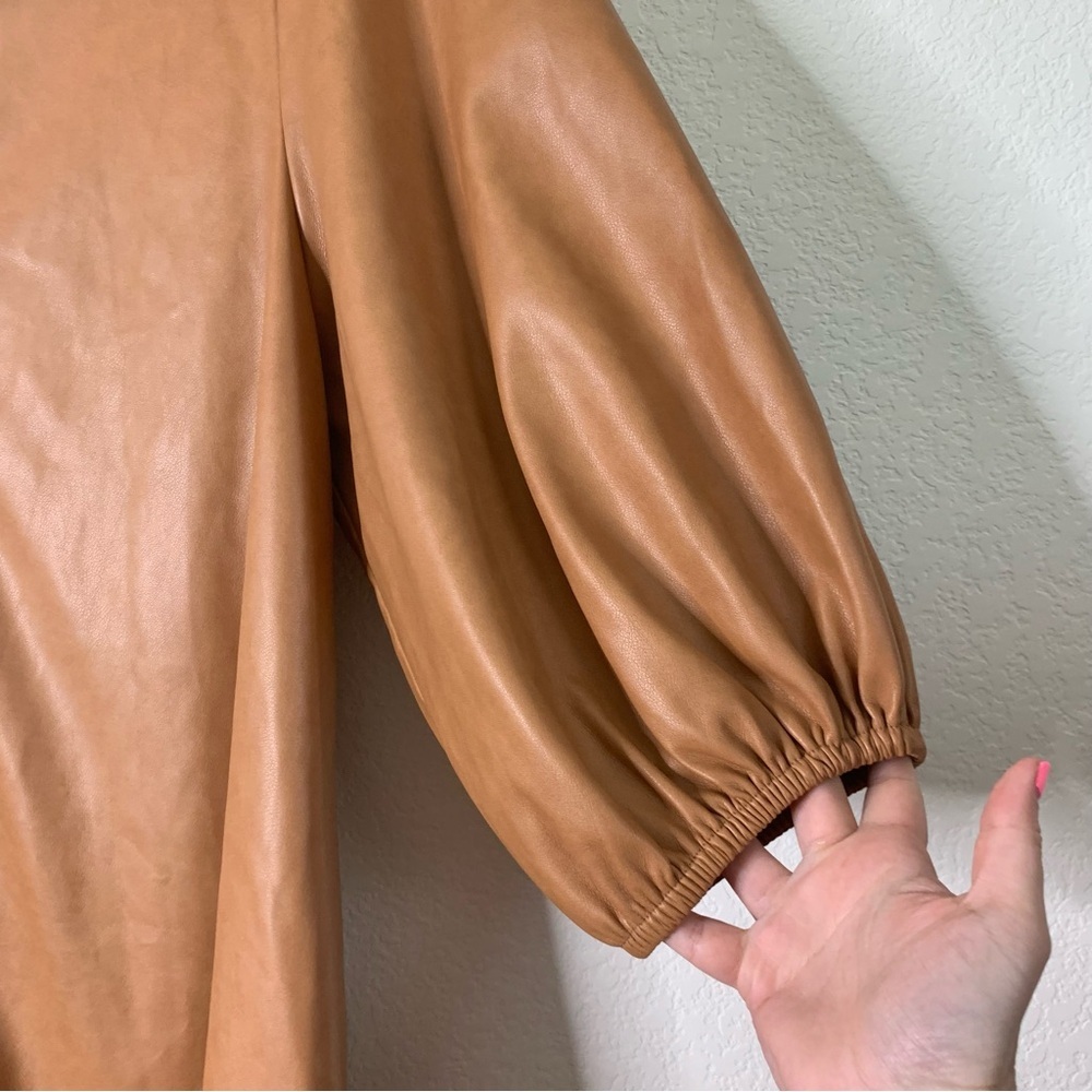 Dolce Cabo Classic Faux Leather Dress with Puff Sleeves camel brown XL NWT - Picture 4 of 11